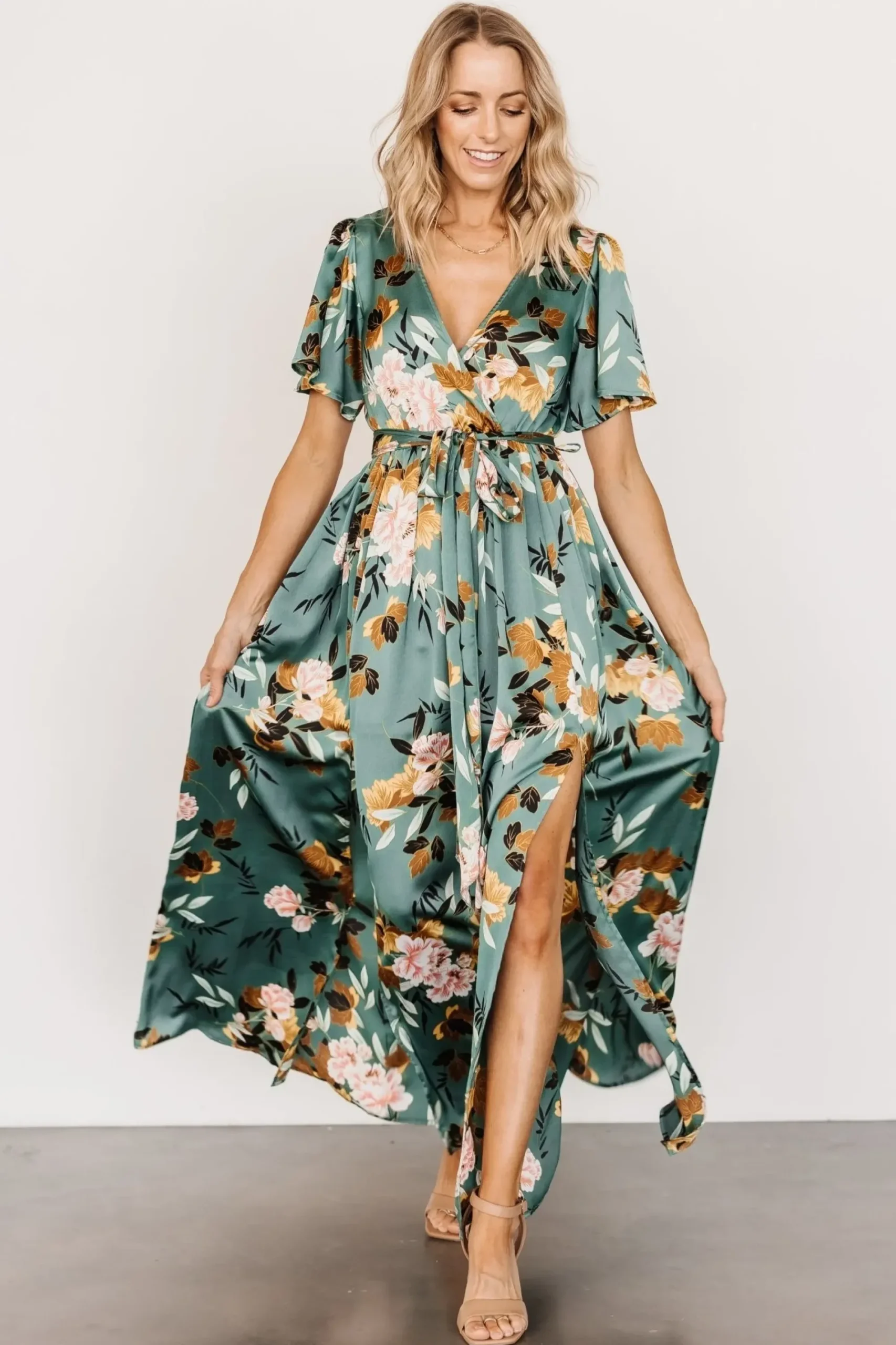 New Baltic Born Sicily Satin Maxi Dress | Eucalyptus Floral
