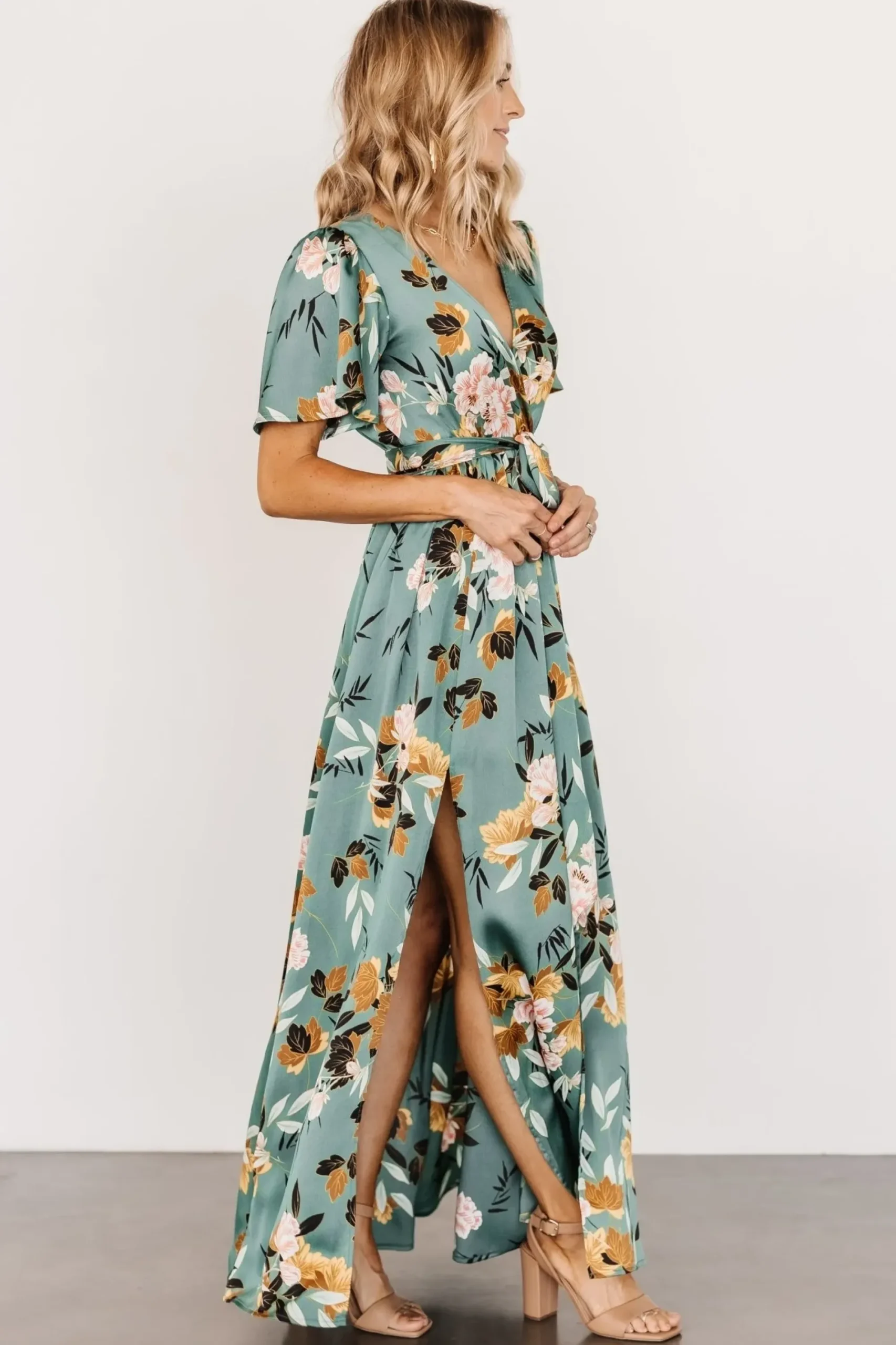 New Baltic Born Sicily Satin Maxi Dress | Eucalyptus Floral