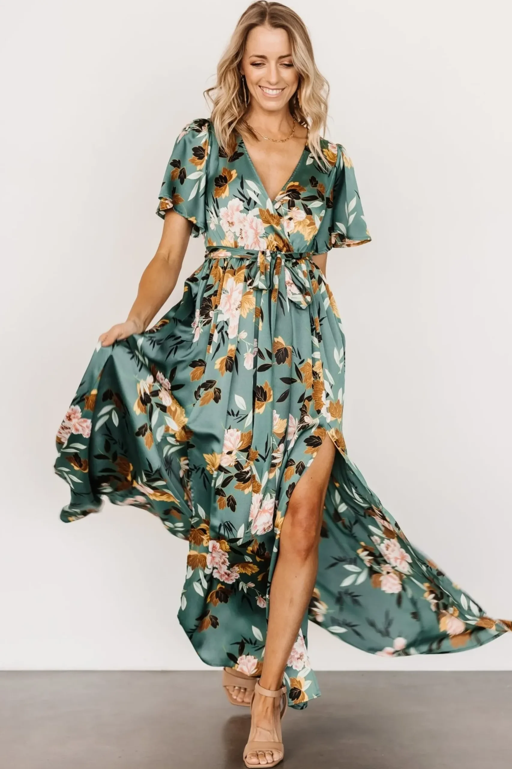 New Baltic Born Sicily Satin Maxi Dress | Eucalyptus Floral