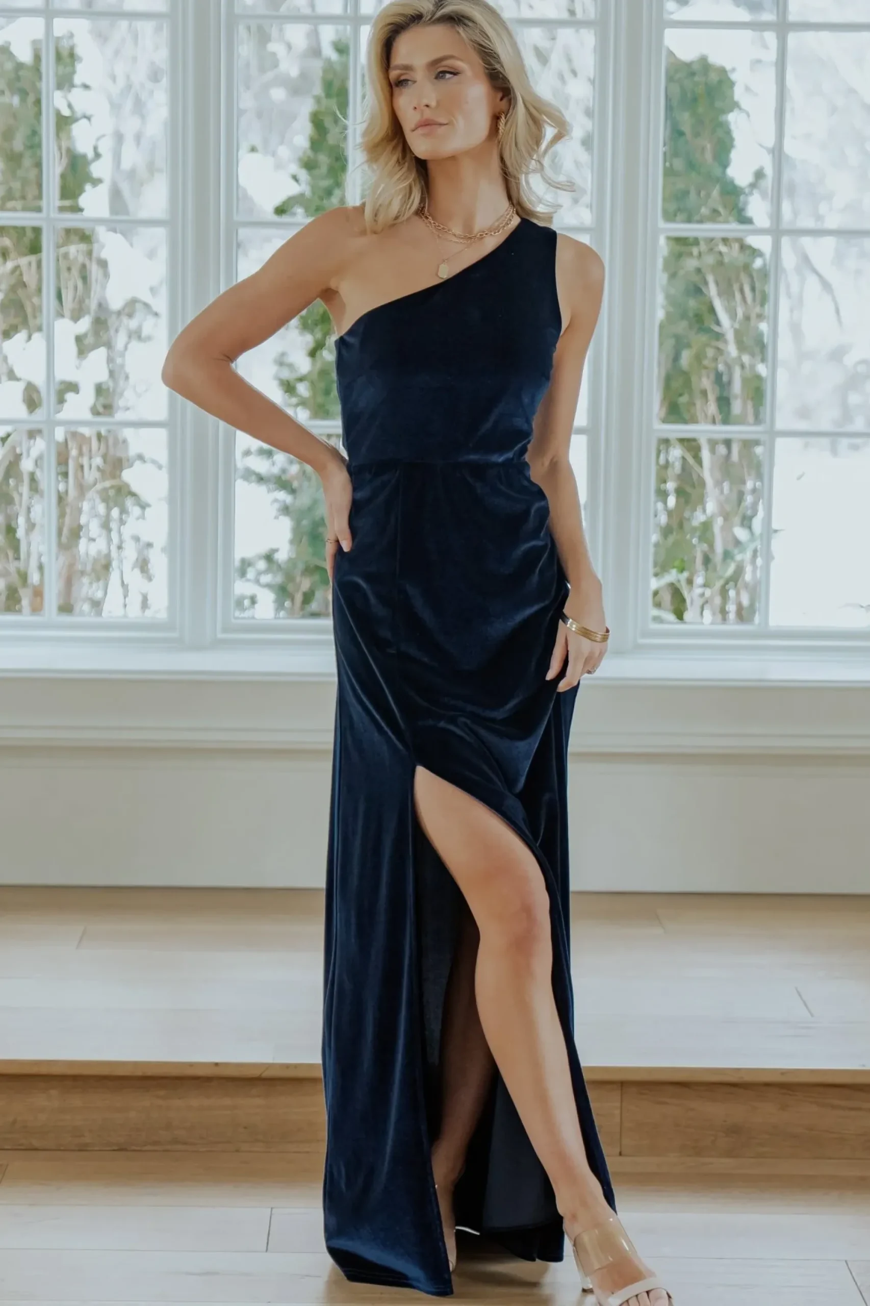 Hot Baltic Born Tatiana Velvet One Shoulder Maxi Dress | Navy