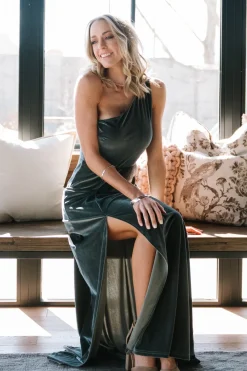Clearance Baltic Born Tatiana Velvet One Shoulder Maxi Dress | Eucalyptus