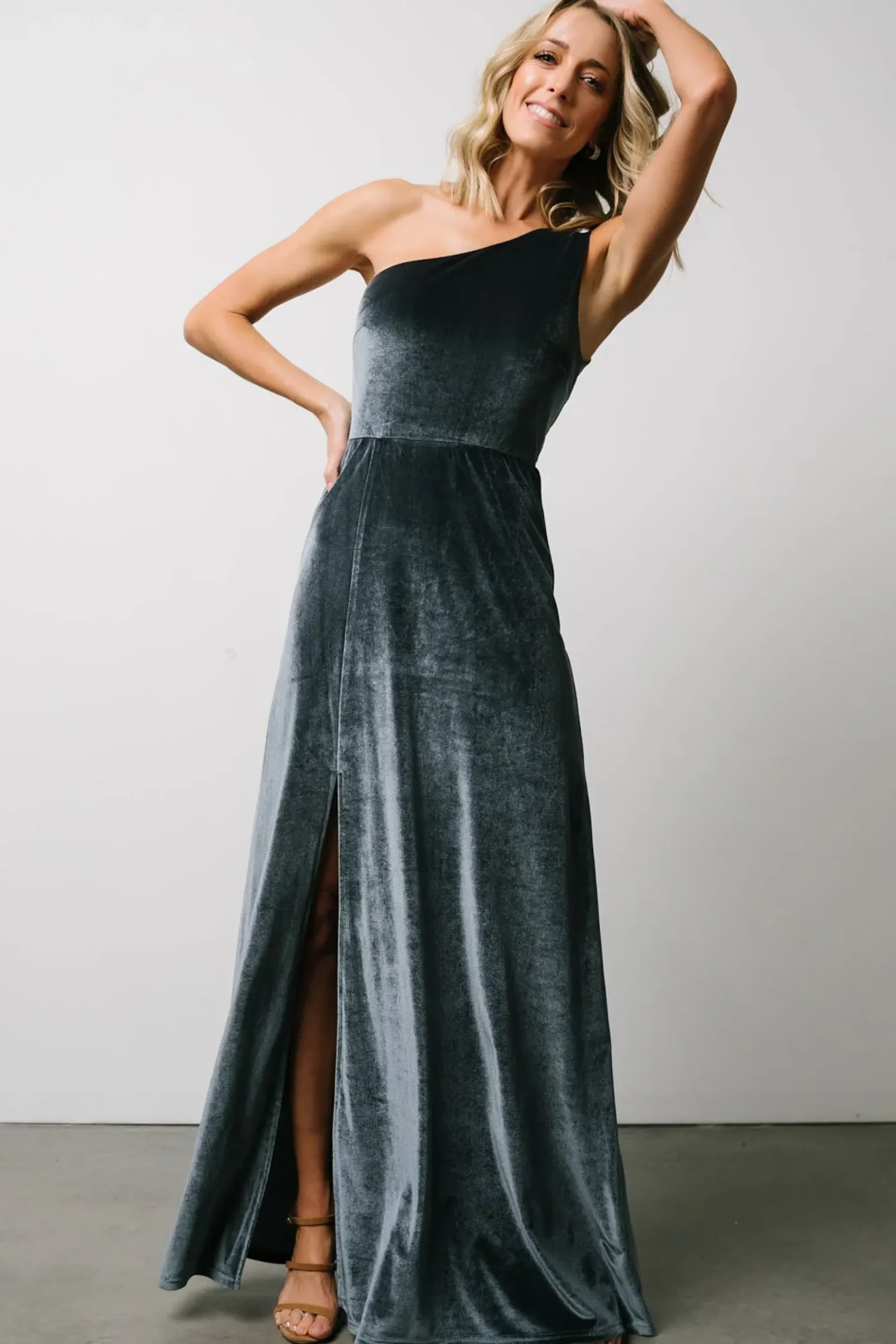 Hot Baltic Born Tatiana Velvet One Shoulder Maxi Dress | Slate Blue