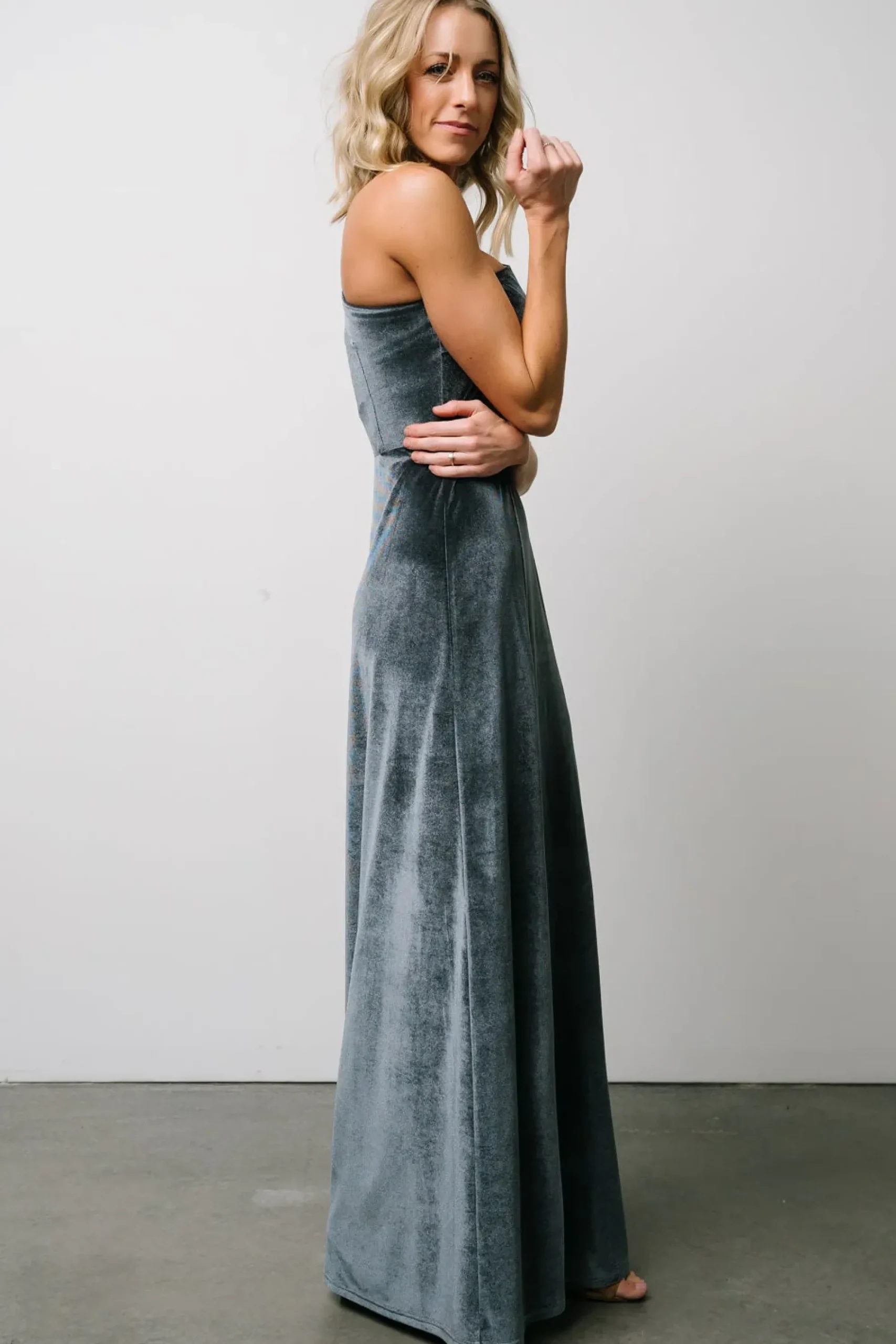 Hot Baltic Born Tatiana Velvet One Shoulder Maxi Dress | Slate Blue