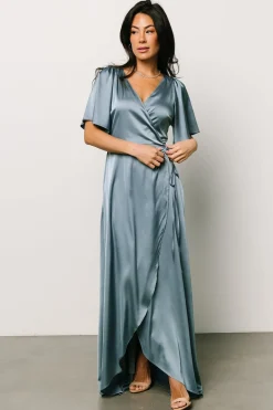 Online Baltic Born Vara Satin Maxi Wrap Dress | Dusty Blue
