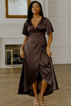Clearance Baltic Born Vara Satin Maxi Wrap Dress | Espresso