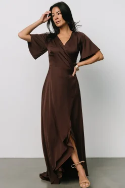 Clearance Baltic Born Vara Satin Maxi Wrap Dress | Espresso