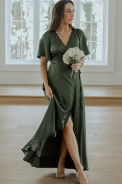 Clearance Baltic Born Vara Satin Maxi Wrap Dress | Juniper Green