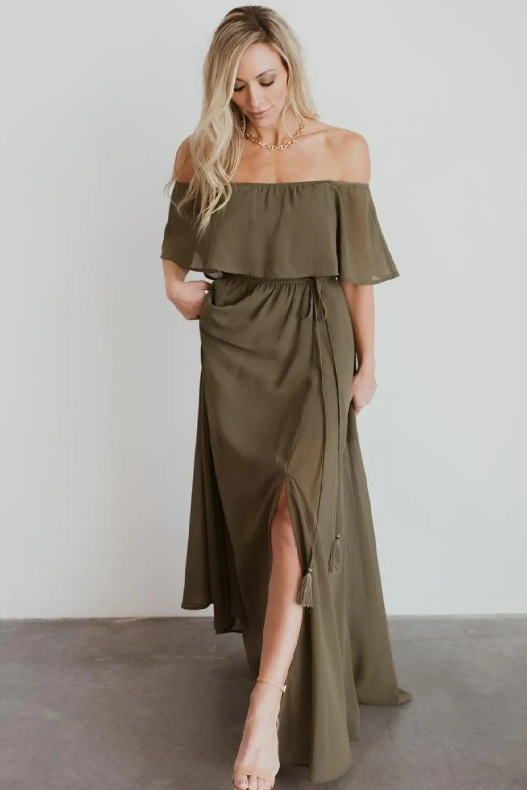 New Baltic Born Victoria Off Shoulder Maxi Dress | Olive