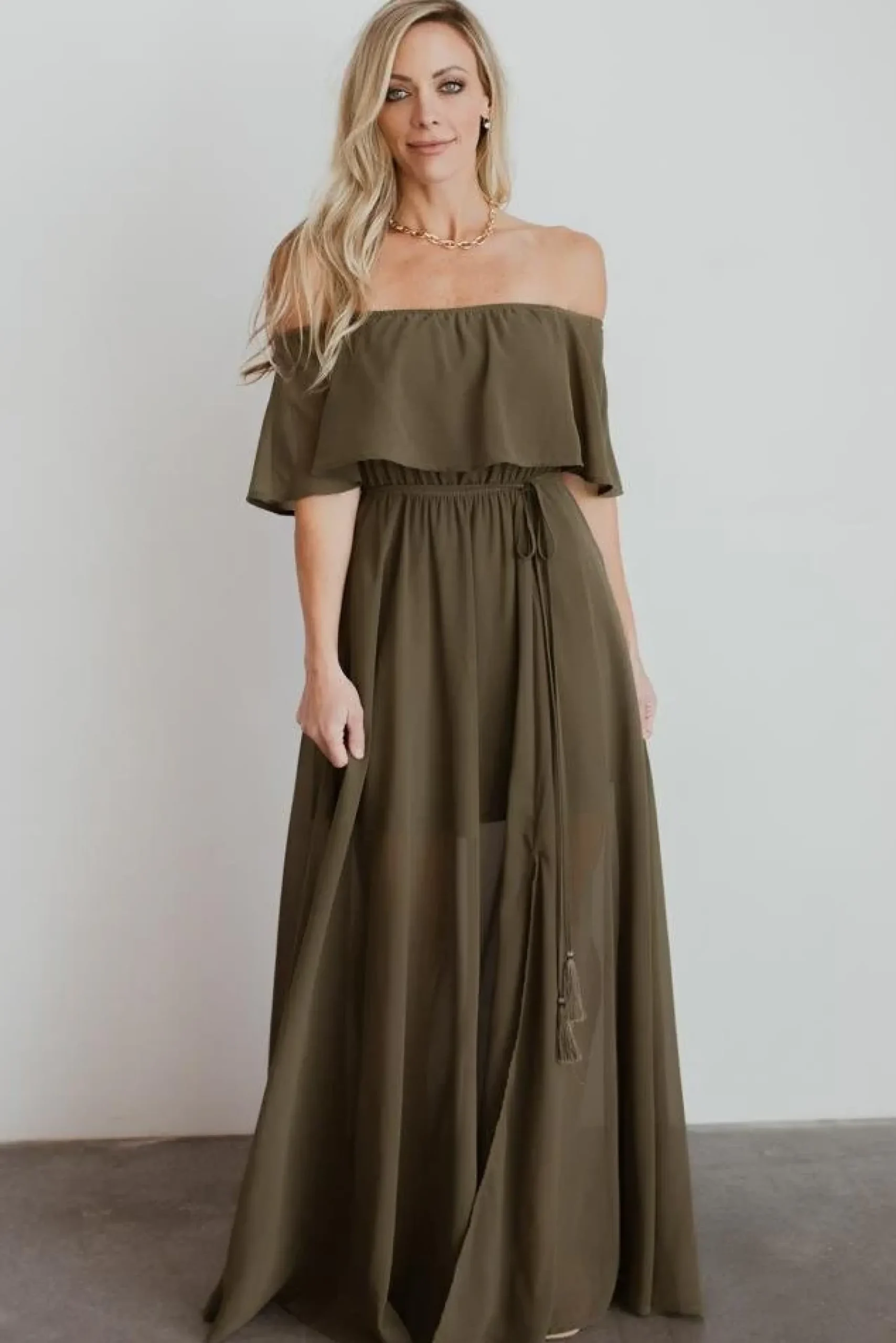 New Baltic Born Victoria Off Shoulder Maxi Dress | Olive