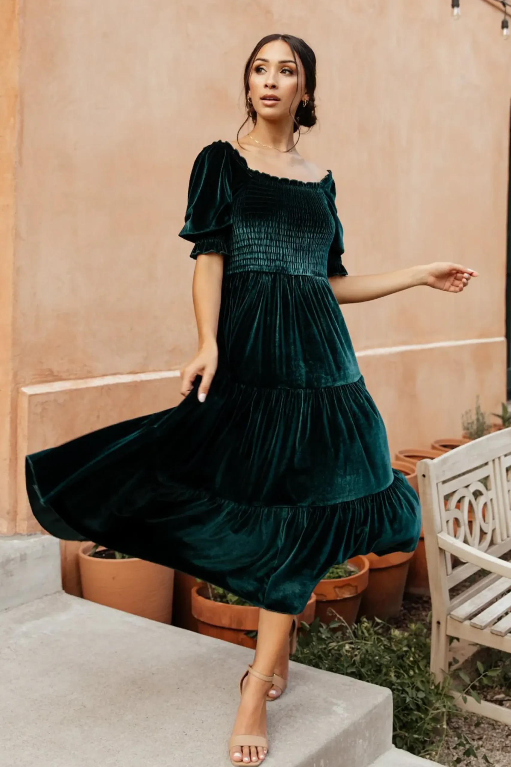 Discount Baltic Born Vivaldi Smocked Velvet Midi Dress | Dark Green