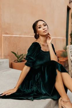 Discount Baltic Born Vivaldi Smocked Velvet Midi Dress | Dark Green