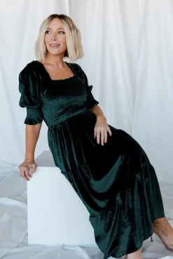 Discount Baltic Born Vivaldi Smocked Velvet Midi Dress | Dark Green