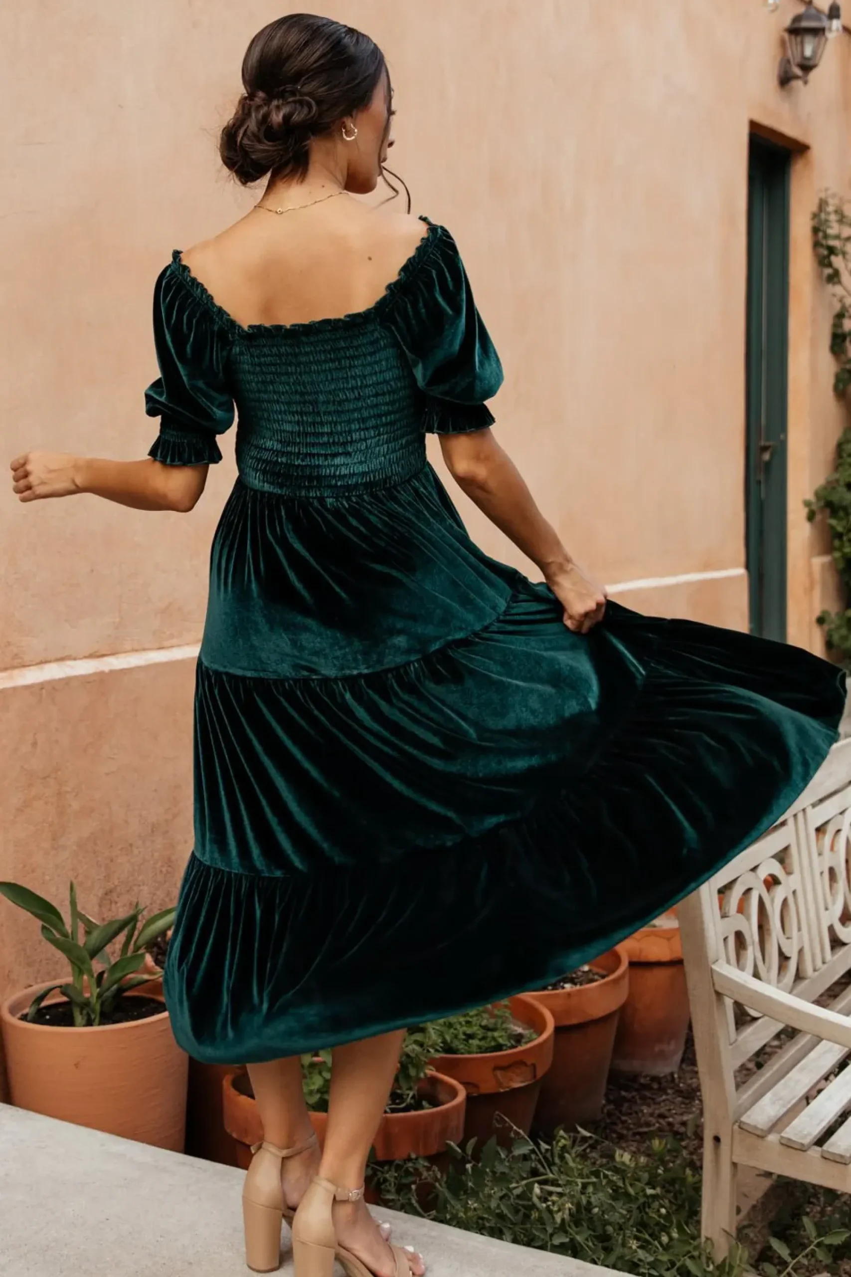 Discount Baltic Born Vivaldi Smocked Velvet Midi Dress | Dark Green