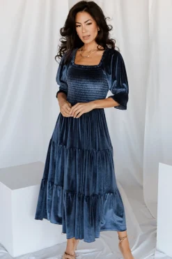Outlet Baltic Born Vivaldi Smocked Velvet Midi Dress | Blue