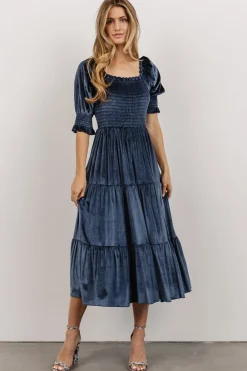 Outlet Baltic Born Vivaldi Smocked Velvet Midi Dress | Blue