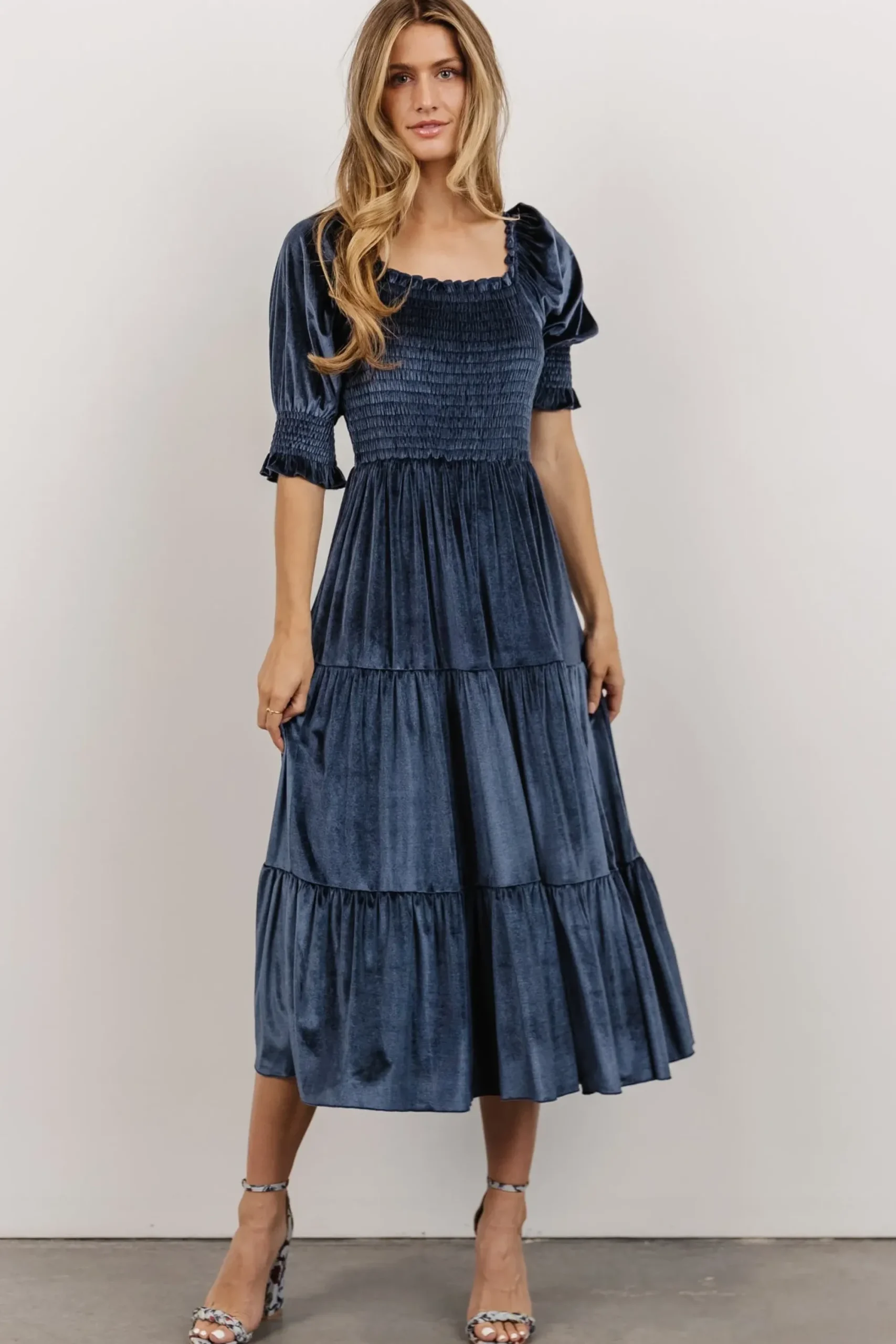 Outlet Baltic Born Vivaldi Smocked Velvet Midi Dress | Blue