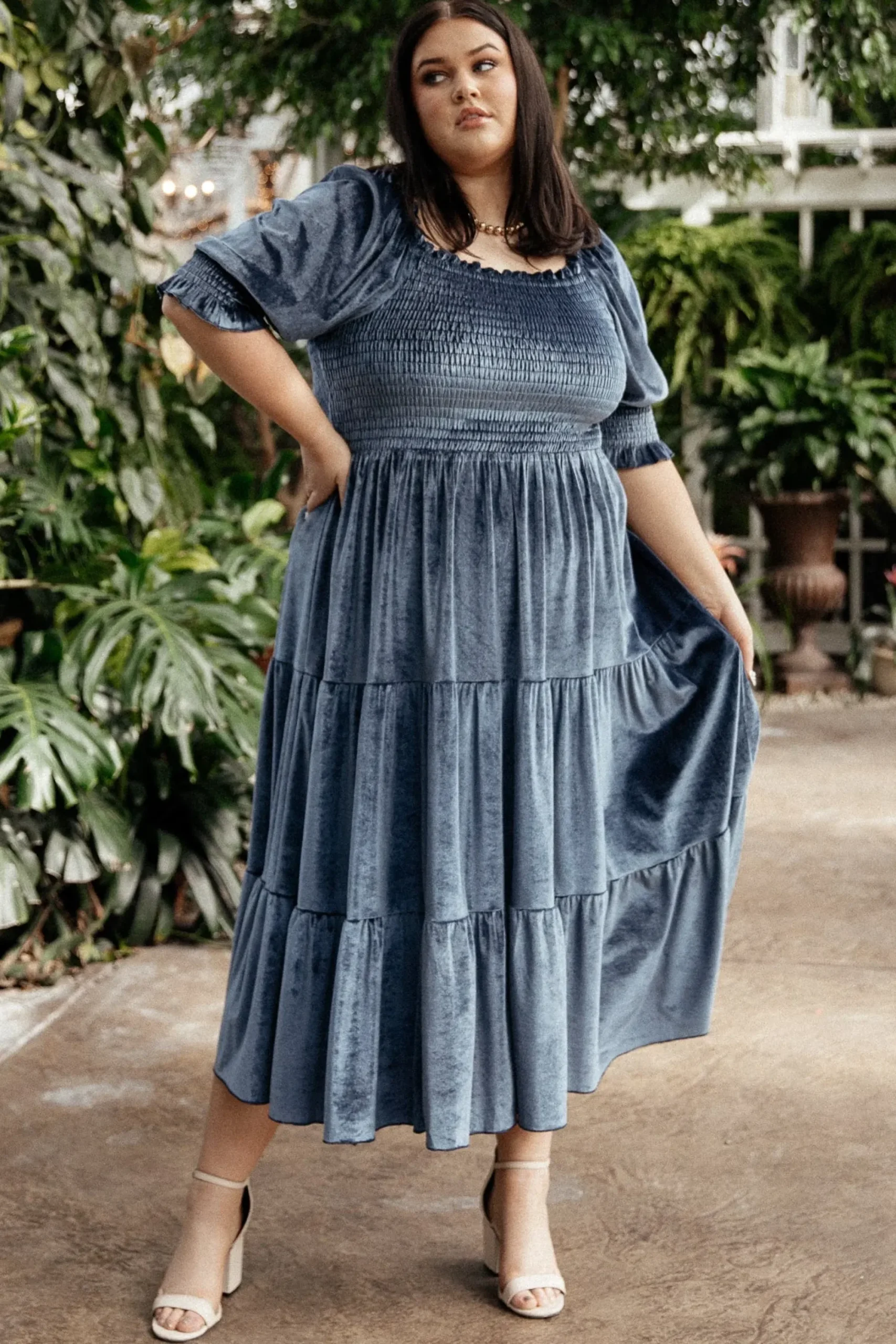 Outlet Baltic Born Vivaldi Smocked Velvet Midi Dress | Blue