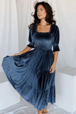 Outlet Baltic Born Vivaldi Smocked Velvet Midi Dress | Blue