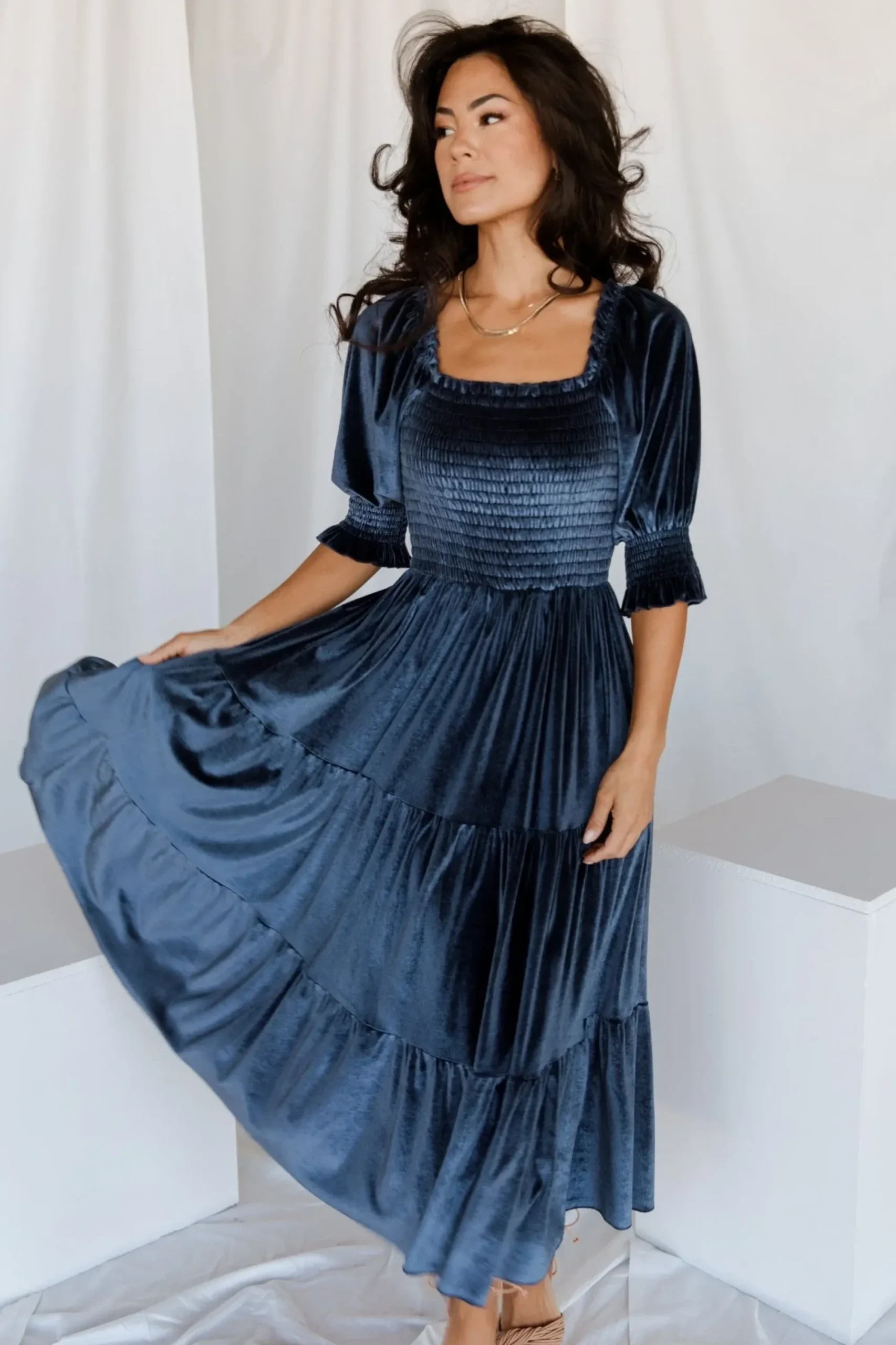 Outlet Baltic Born Vivaldi Smocked Velvet Midi Dress | Blue