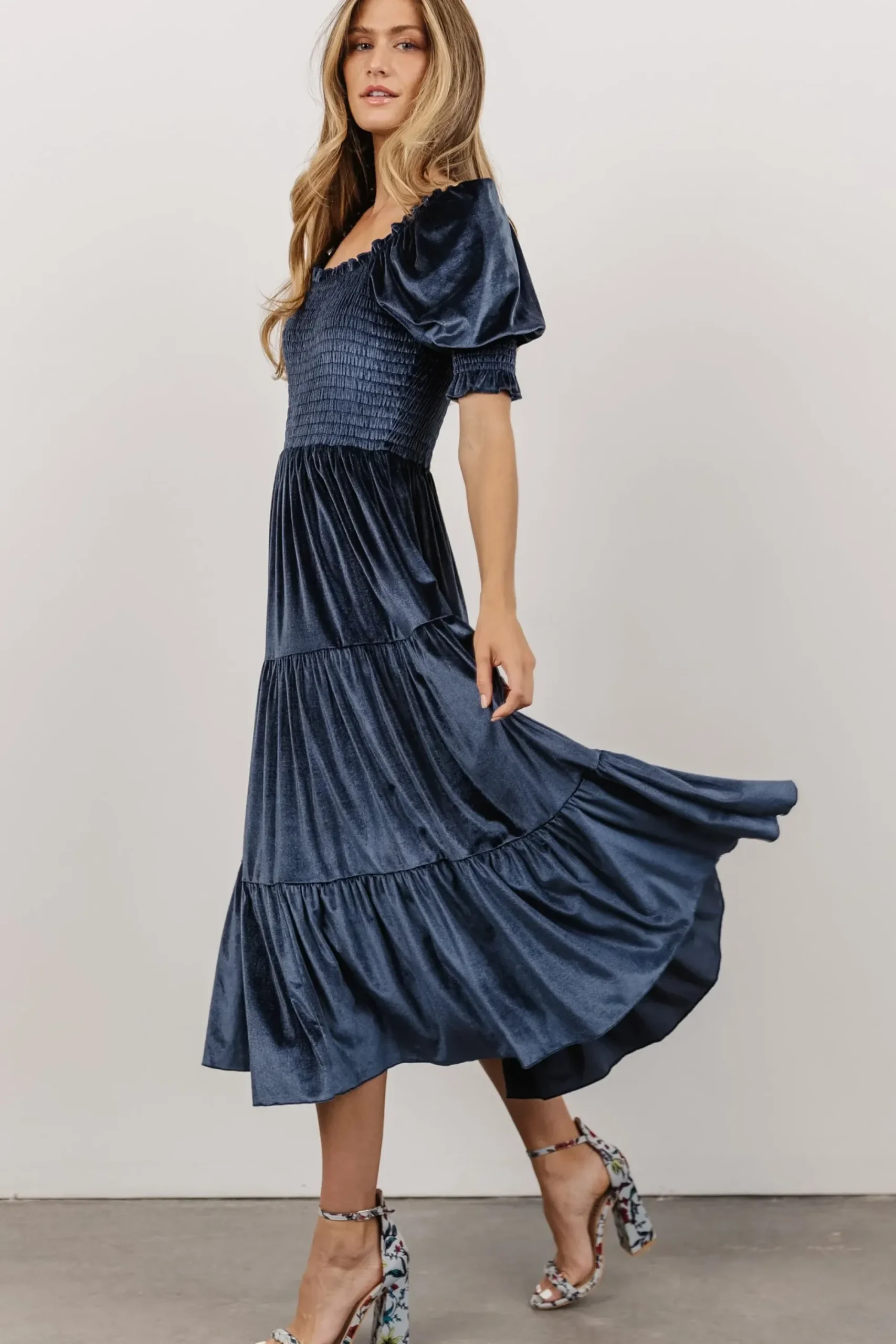 Outlet Baltic Born Vivaldi Smocked Velvet Midi Dress | Blue