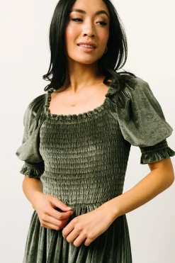 Clearance Baltic Born Vivaldi Smocked Velvet Midi Dress | Dark Eucalyptus