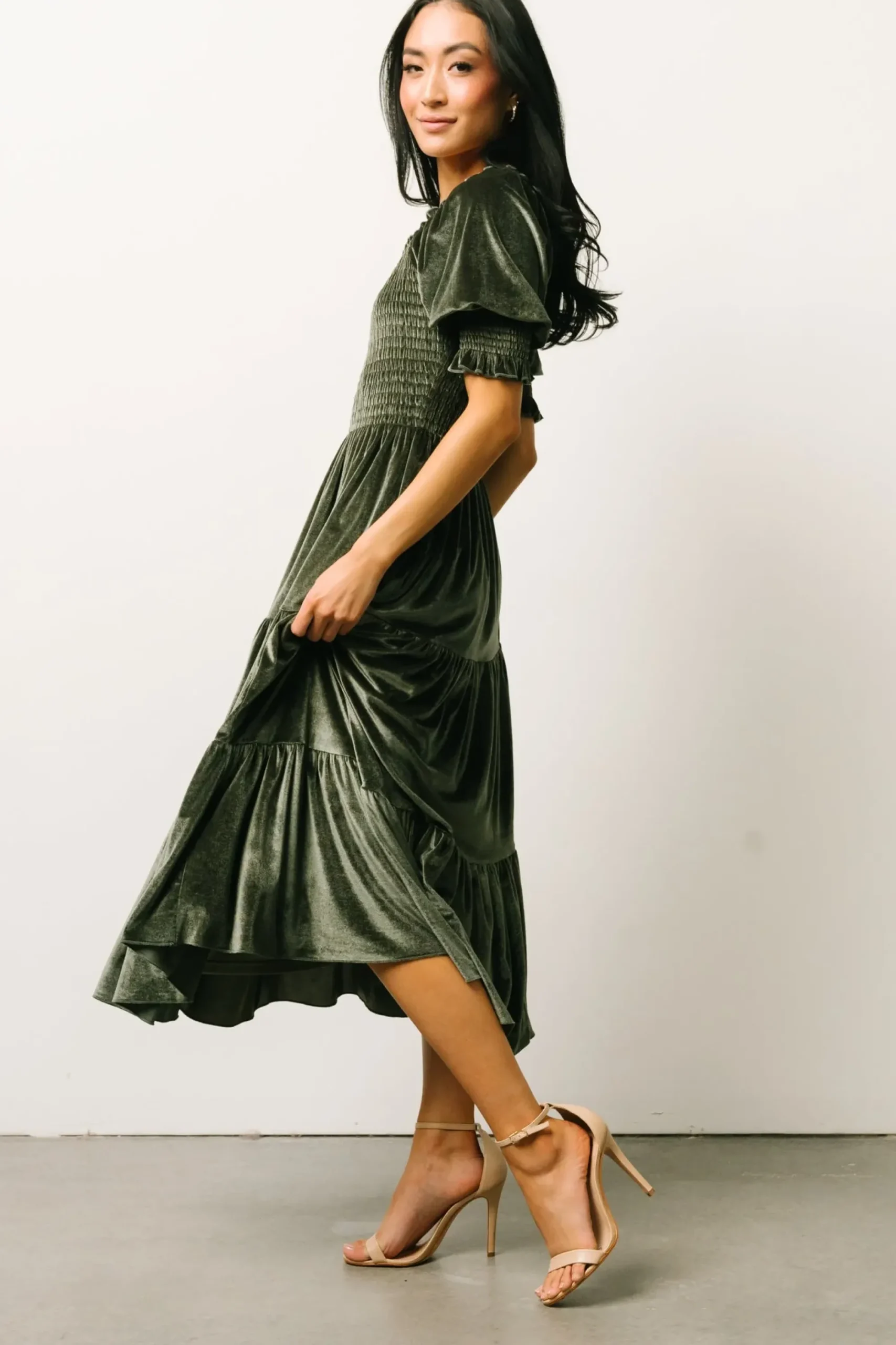 Clearance Baltic Born Vivaldi Smocked Velvet Midi Dress | Dark Eucalyptus