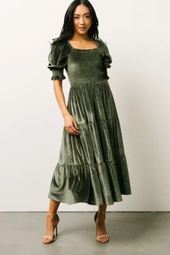 Clearance Baltic Born Vivaldi Smocked Velvet Midi Dress | Dark Eucalyptus