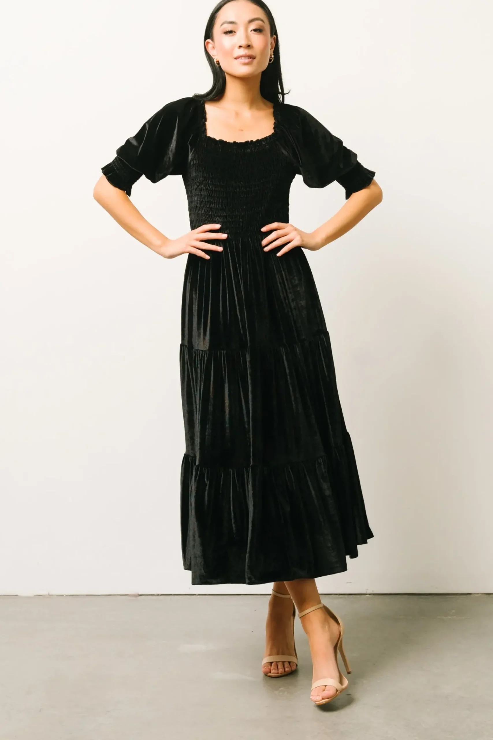 Outlet Baltic Born Vivaldi Smocked Velvet Midi Dress | Black