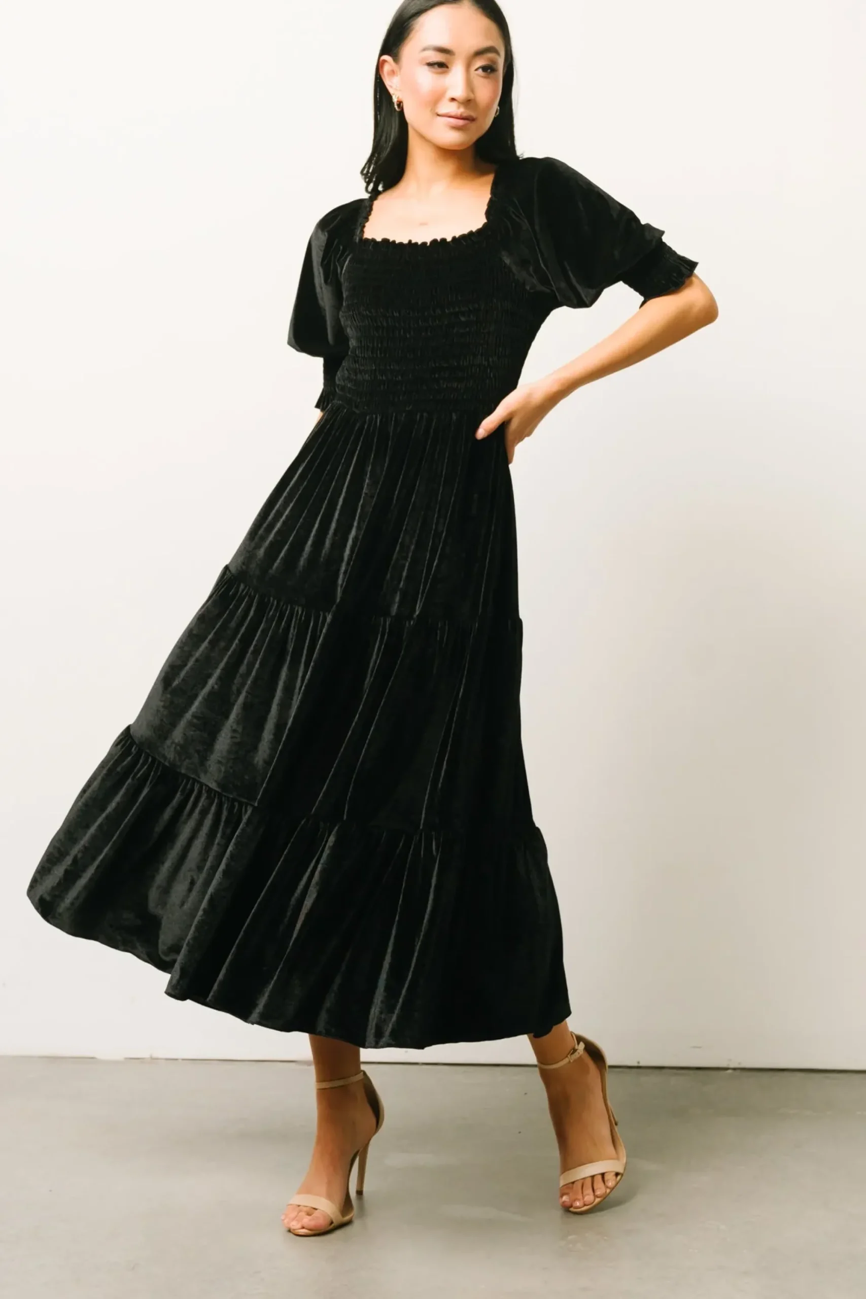Outlet Baltic Born Vivaldi Smocked Velvet Midi Dress | Black