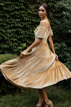 Hot Baltic Born Vivaldi Smocked Velvet Midi Dress | French Gold