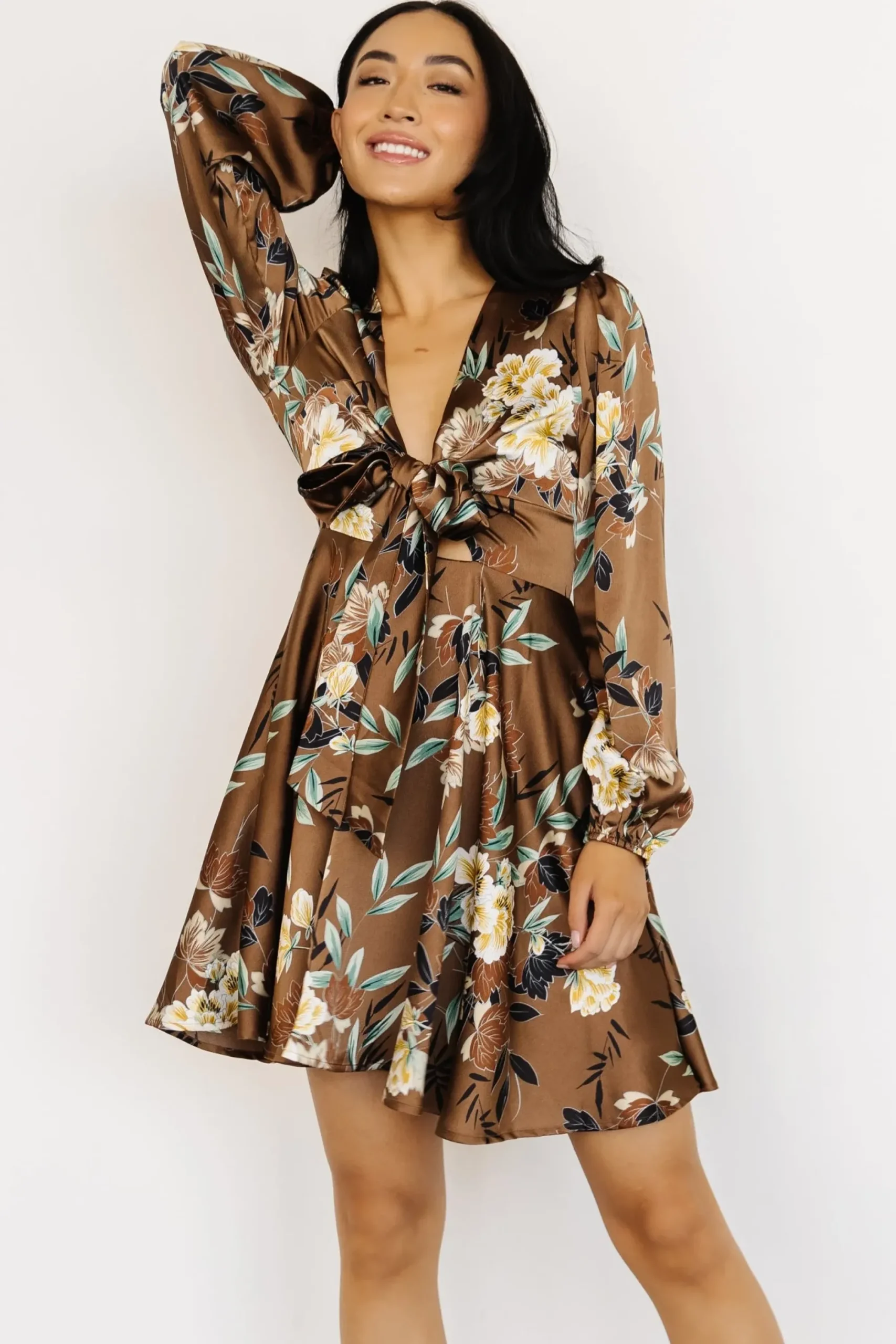 New Baltic Born Woodbury Satin Mini Dress | Mocha Floral